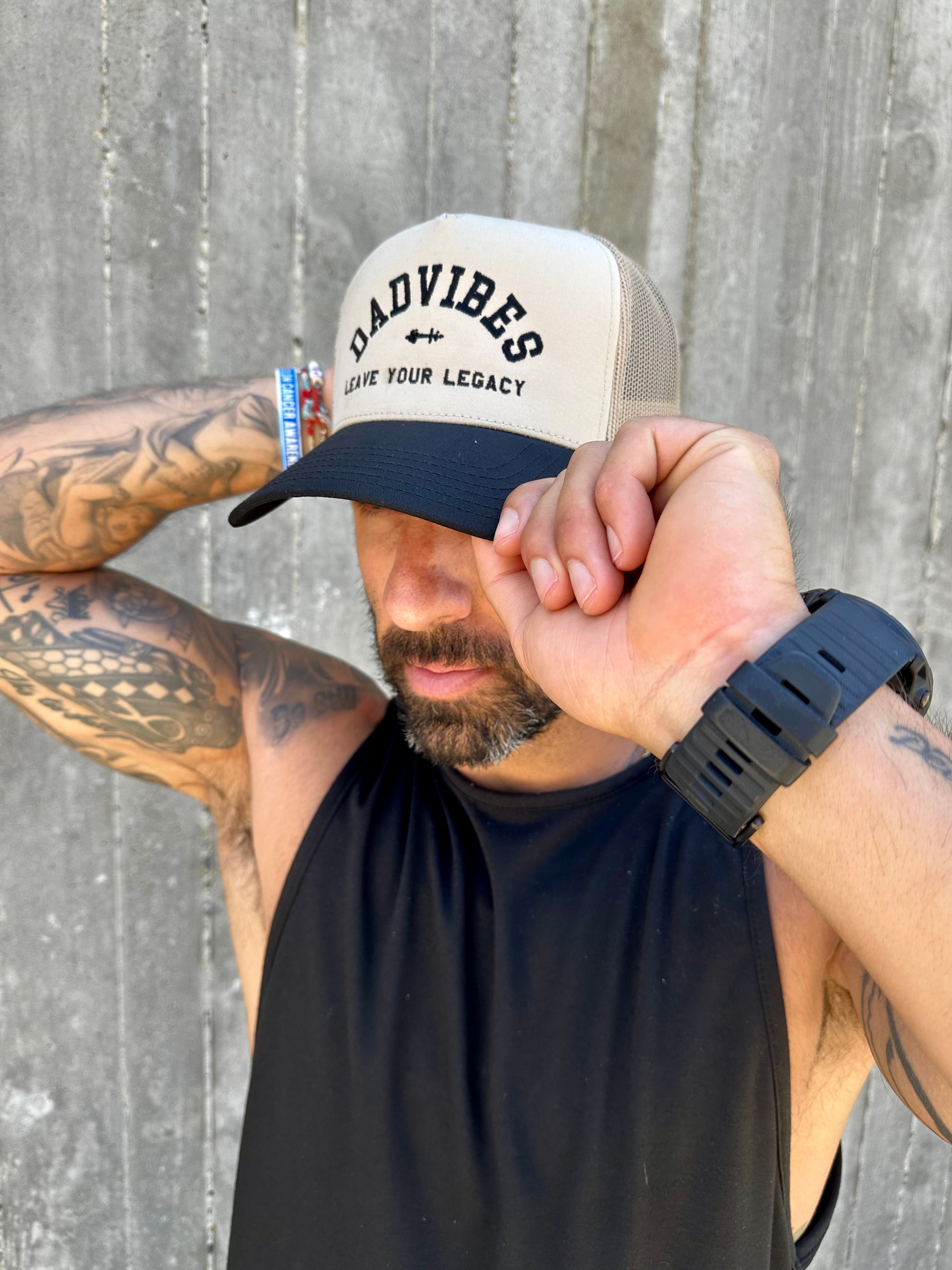 DadVibes 5 Panel Trucker Hat (Khaki/Black)